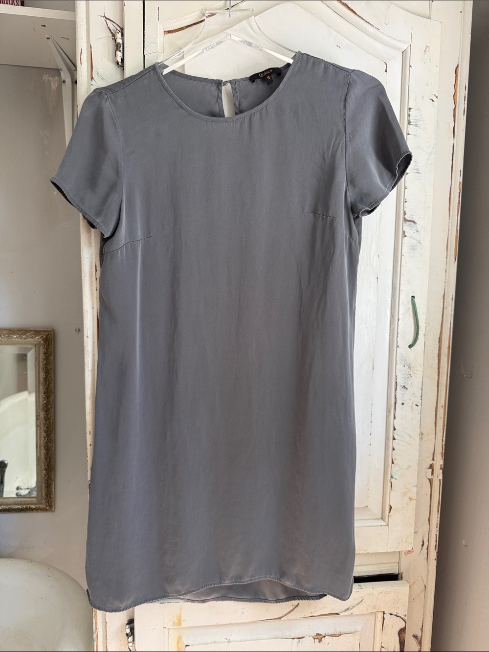 Quince washable silk Short-Sleeve Shift Dress in Slate Gray